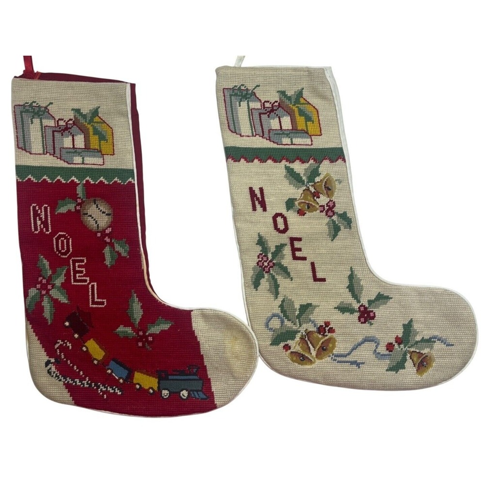 Pair Hand Embroidered Christmas Holiday Stockings Red & Cream Noel Holly Trains